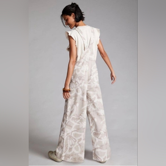 Anthropologie Maeve Wide Leg Linen Printed Tie Overalls Ivory Beige Flower - Picture 2 of 10